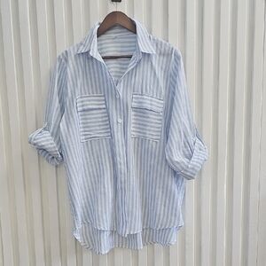 Blue Striped Button Down Shirt Size 2XL Women's With Front Pockets
